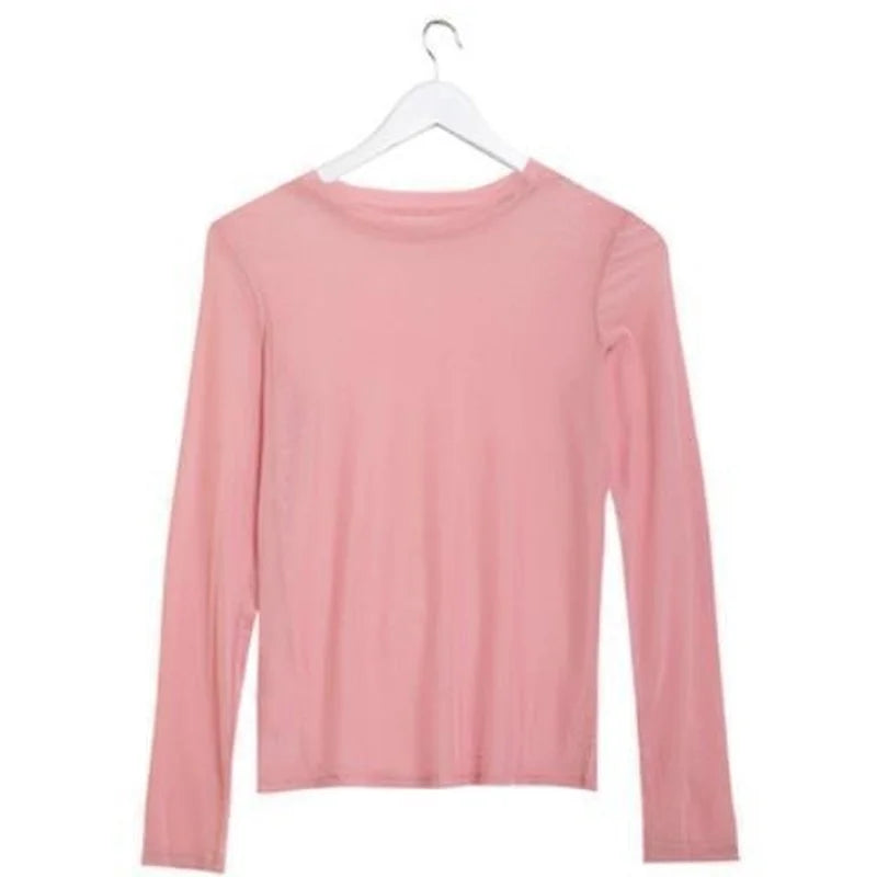 Ruoru Sexy Women T Shirt See Through Transparent Mesh Tops Long Sleeve Ladies T-Shirt Pink Green Top Basic Tops for Women