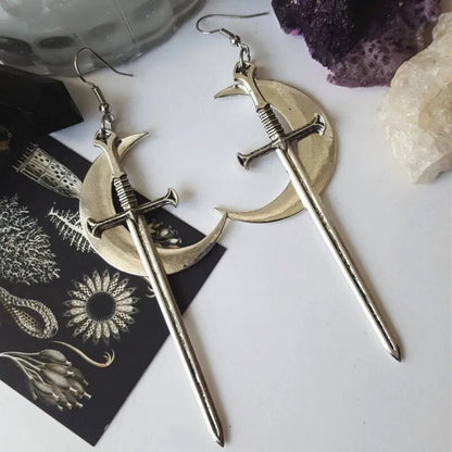 Gothic Black Night Warrior Earrings Sun Ring Sword Earrings Classic Eardrop Big Sword Statement Mystical Jewellery Women Gift