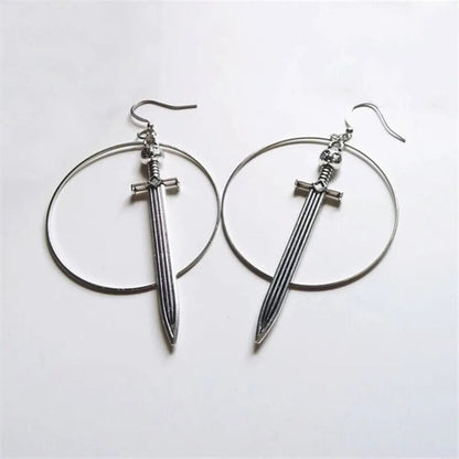 Gothic Black Night Warrior Earrings Sun Ring Sword Earrings Classic Eardrop Big Sword Statement Mystical Jewellery Women Gift