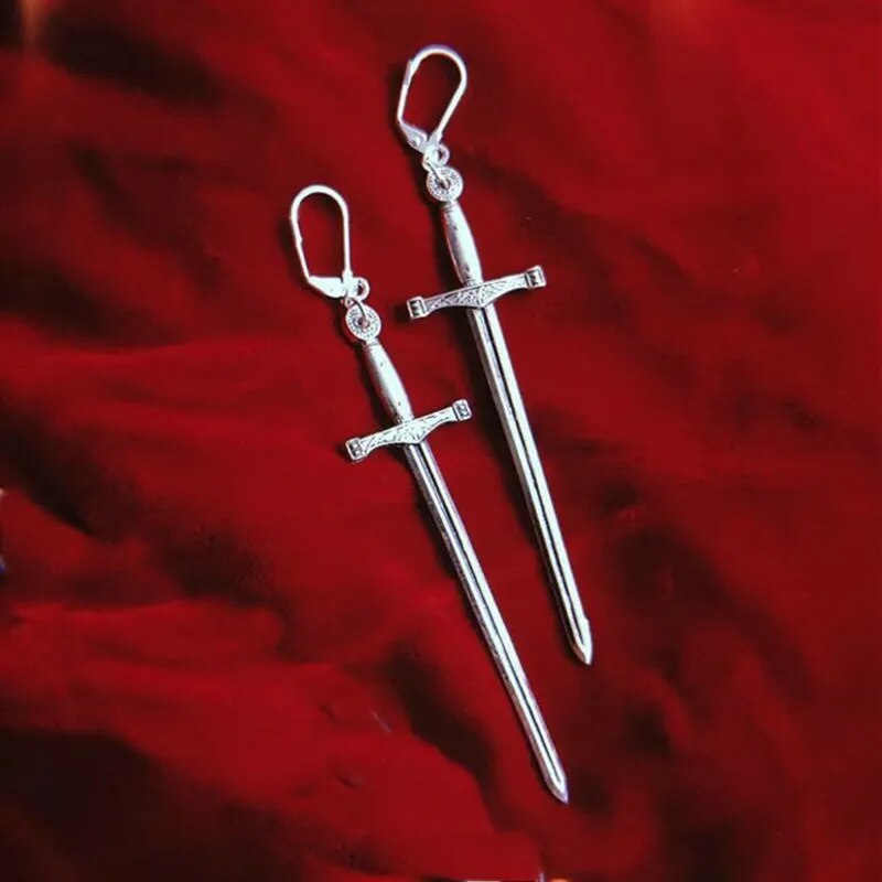 Gothic Black Night Warrior Earrings Sun Ring Sword Earrings Classic Eardrop Big Sword Statement Mystical Jewellery Women Gift