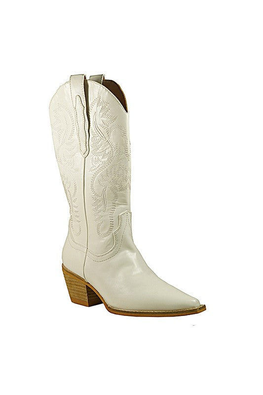 Cream western boots featuring decorative embroidery, pointed toe, block heel, and traditional pull tabs.