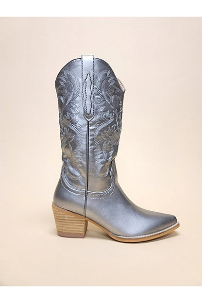 Western boots featuring decorative embroidery, pointed toe, block heel, and traditional pull tabs.