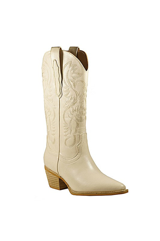 Cream western boots featuring decorative embroidery, pointed toe, block heel, and traditional pull tabs.