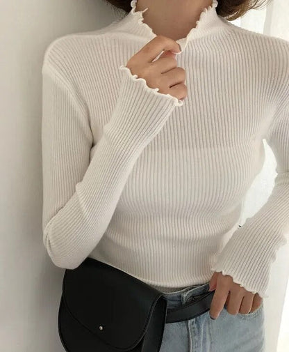 Turtleneck Ruched Women Sweater High Elastic Solid 2022 Fall Winter Fashion Sweater Women Slim Sexy Knitted Pullovers Pink White