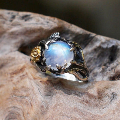 Vintage Moonstone Ring For Women Black Jewelry Gold Flower Finger Ring Female Charming Jewelry Gift Wedding Statement Opal Ring