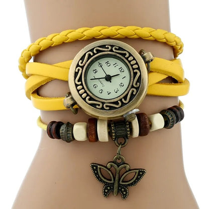 Gnova Platinum Genuine Leather Bracelet  Women Watch Hollowed butterfly charm casual quartz wristwatch ethnic fashion A888