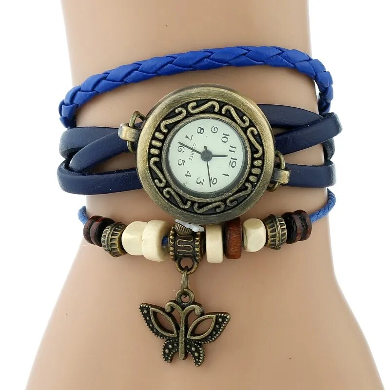 Gnova Platinum Genuine Leather Bracelet  Women Watch Hollowed butterfly charm casual quartz wristwatch ethnic fashion A888