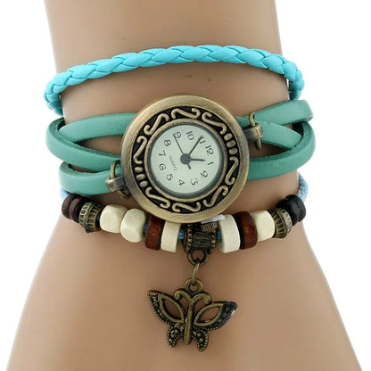 Gnova Platinum Genuine Leather Bracelet  Women Watch Hollowed butterfly charm casual quartz wristwatch ethnic fashion A888
