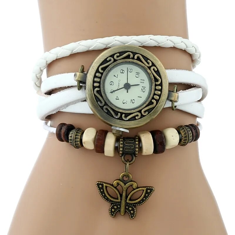 Gnova Platinum Genuine Leather Bracelet  Women Watch Hollowed butterfly charm casual quartz wristwatch ethnic fashion A888