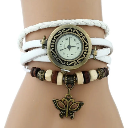 Gnova Platinum Genuine Leather Bracelet  Women Watch Hollowed butterfly charm casual quartz wristwatch ethnic fashion A888