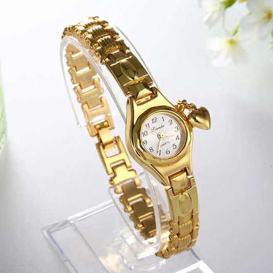 Women Lady's luxury royal gold Dial honey heart pendant stainless steel Bracelet Watch Time Quartz