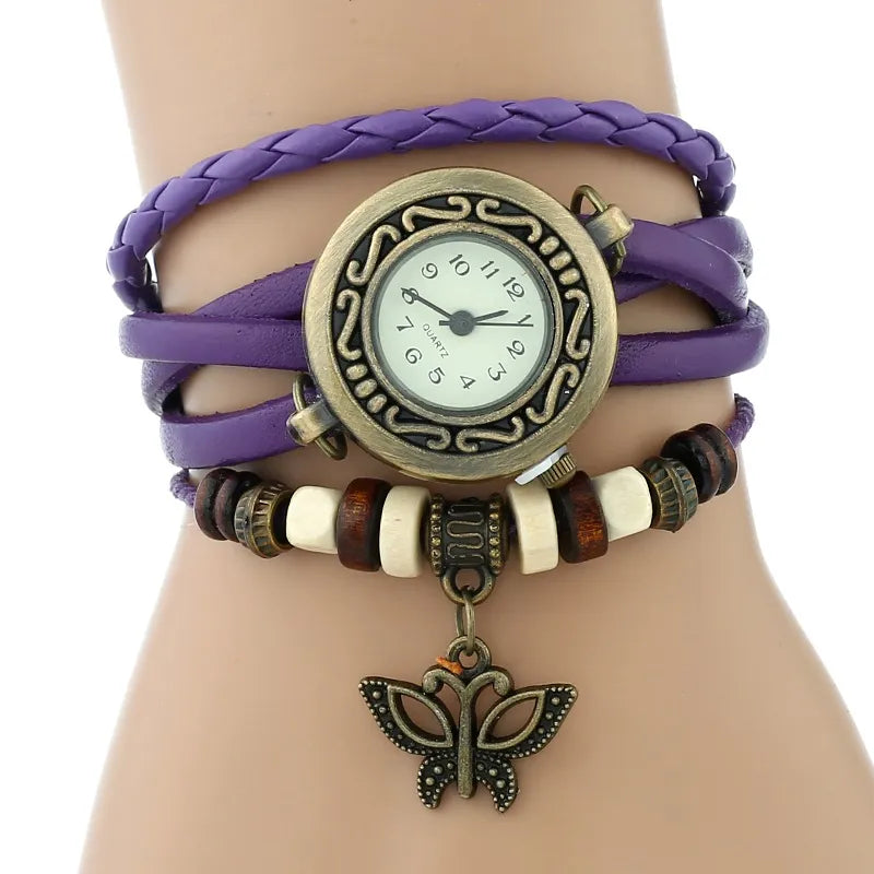 Gnova Platinum Genuine Leather Bracelet  Women Watch Hollowed butterfly charm casual quartz wristwatch ethnic fashion A888