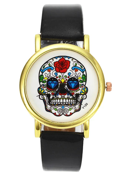 Skull Rose Flower Skeleton Halloween Women Mens Fashion Creative Watches PU Leather Watchband Wrist Watch
