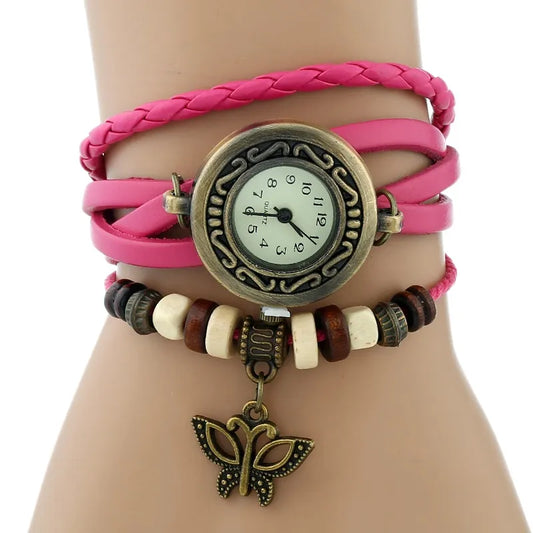 Gnova Platinum Genuine Leather Bracelet  Women Watch Hollowed butterfly charm casual quartz wristwatch ethnic fashion A888