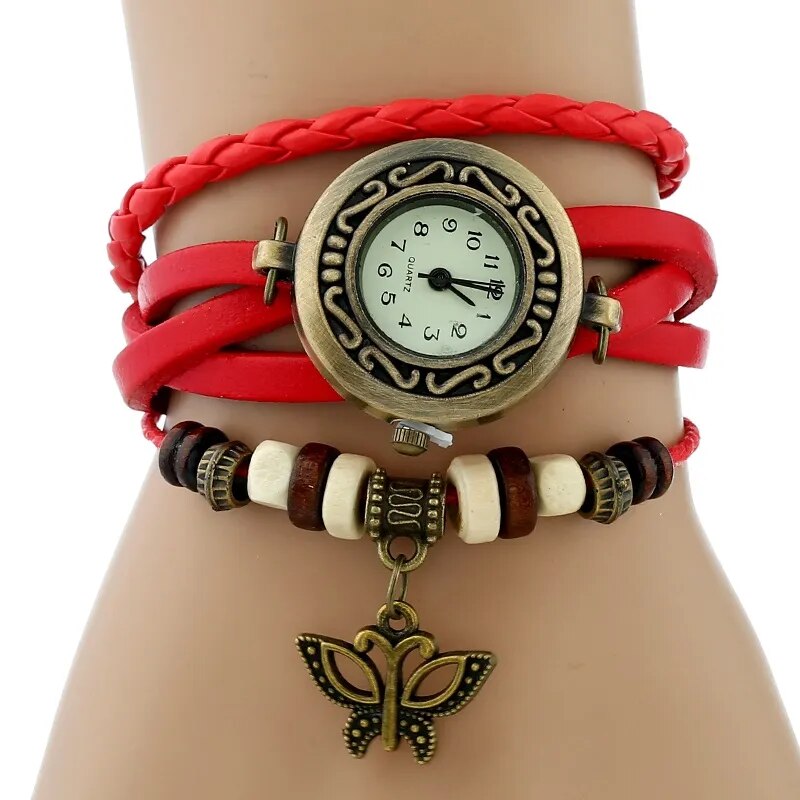 Gnova Platinum Genuine Leather Bracelet  Women Watch Hollowed butterfly charm casual quartz wristwatch ethnic fashion A888