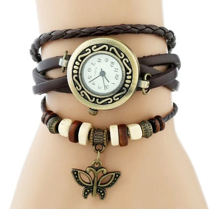 Gnova Platinum Genuine Leather Bracelet  Women Watch Hollowed butterfly charm casual quartz wristwatch ethnic fashion A888