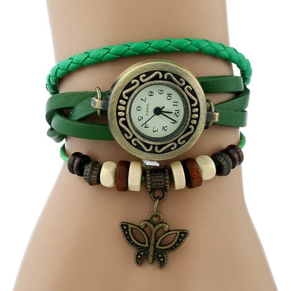 Gnova Platinum Genuine Leather Bracelet  Women Watch Hollowed butterfly charm casual quartz wristwatch ethnic fashion A888