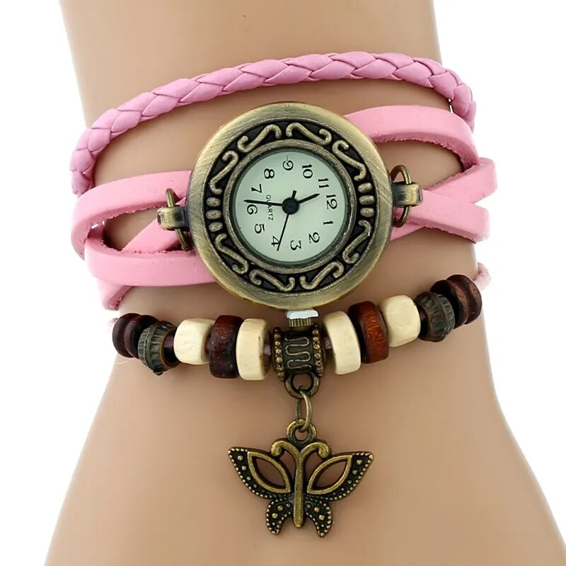 Gnova Platinum Genuine Leather Bracelet  Women Watch Hollowed butterfly charm casual quartz wristwatch ethnic fashion A888