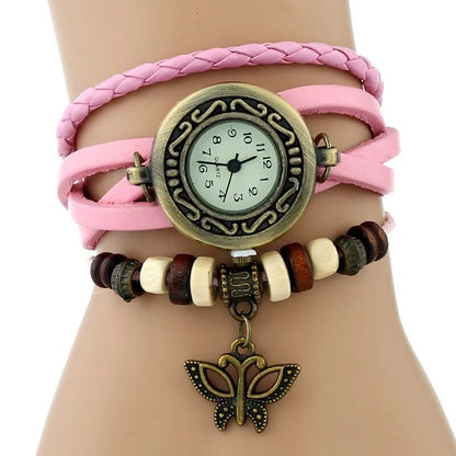 Gnova Platinum Genuine Leather Bracelet  Women Watch Hollowed butterfly charm casual quartz wristwatch ethnic fashion A888