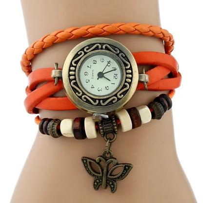 Gnova Platinum Genuine Leather Bracelet  Women Watch Hollowed butterfly charm casual quartz wristwatch ethnic fashion A888