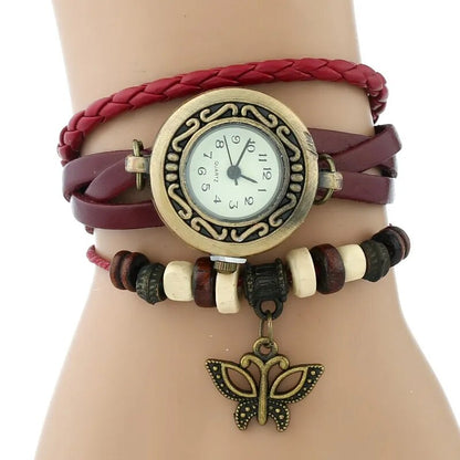 Gnova Platinum Genuine Leather Bracelet  Women Watch Hollowed butterfly charm casual quartz wristwatch ethnic fashion A888