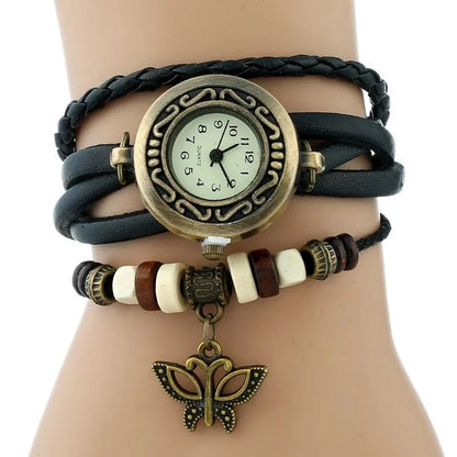 Gnova Platinum Genuine Leather Bracelet  Women Watch Hollowed butterfly charm casual quartz wristwatch ethnic fashion A888
