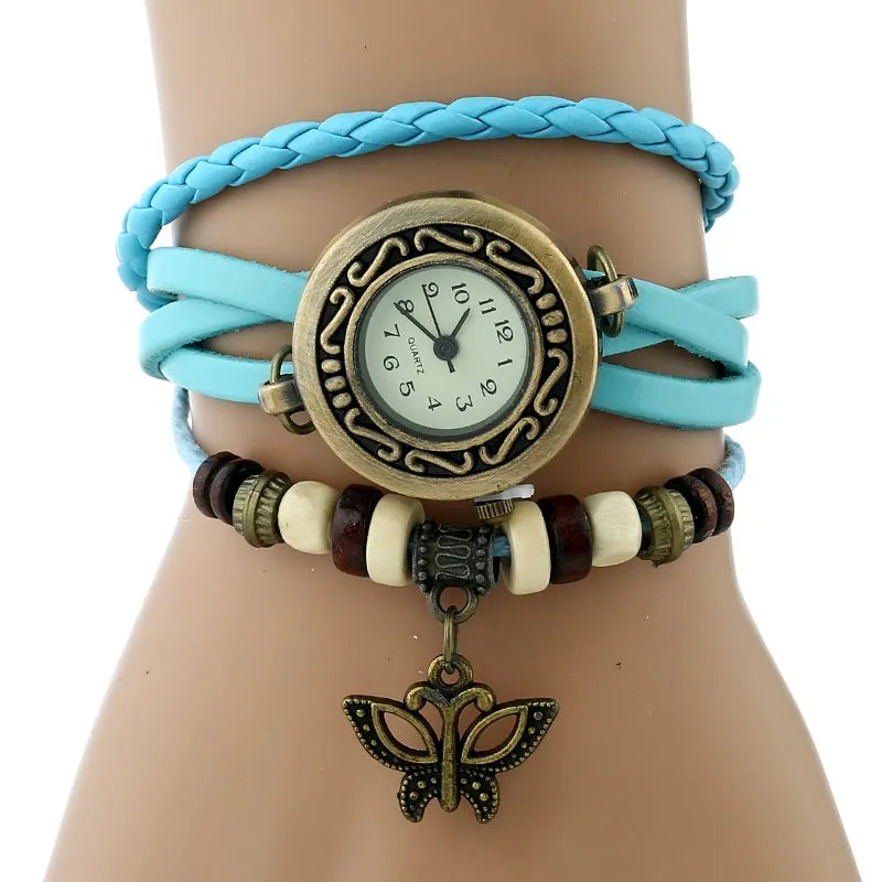 Gnova Platinum Genuine Leather Bracelet  Women Watch Hollowed butterfly charm casual quartz wristwatch ethnic fashion A888