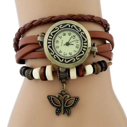 Gnova Platinum Genuine Leather Bracelet  Women Watch Hollowed butterfly charm casual quartz wristwatch ethnic fashion A888