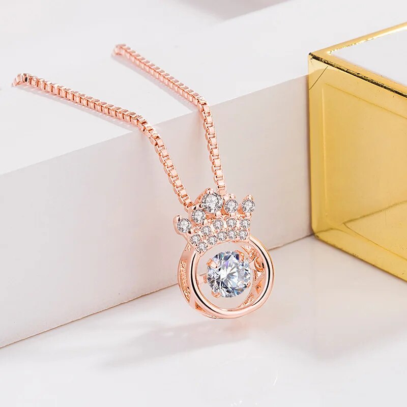 Cellacity Silver 925 Jewelry Round Gemstones Crown Pendant Necklace for Women Beating heart Trendy Female Clavicle Chain Gifts