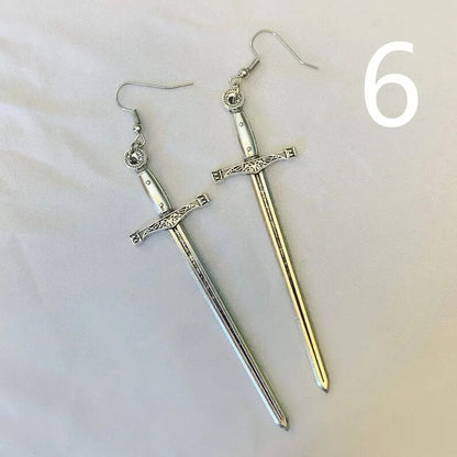 Gothic Black Night Warrior Earrings Sun Ring Sword Earrings Classic Eardrop Big Sword Statement Mystical Jewellery Women Gift
