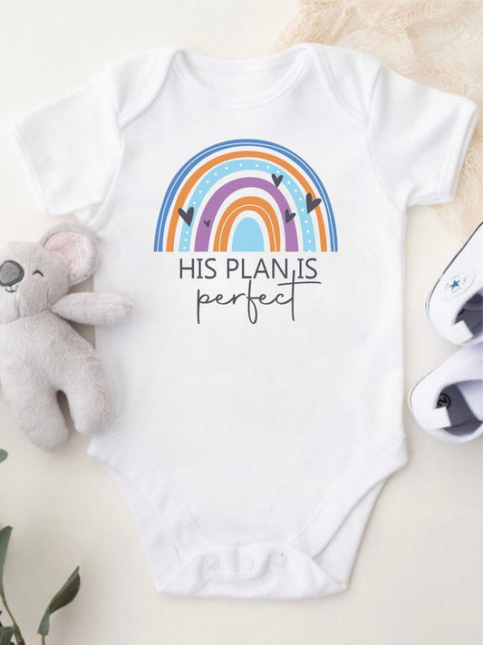 Baby onesie with “His Plan Is Perfect” design, breathable cotton fabric, snap leg closure — perfect for newborns

