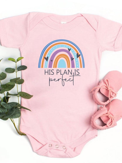 Baby onesie with “His Plan Is Perfect” design, breathable cotton fabric, snap leg closure — perfect for newborns


