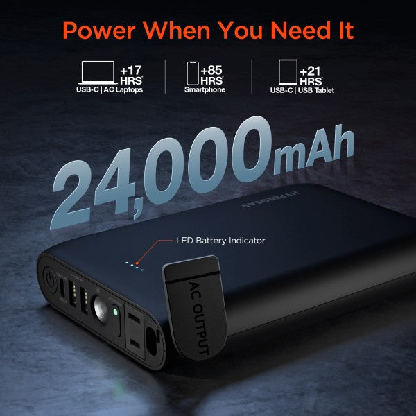 Meet the ultimate mobile power station. The HyperGear 24000mAh AC Laptop Power Bank is built for professionals, travelers, and digital nomads who need serious backup. With a massive battery, AC outlet, and USB-C PD, it charges laptops, phones, tablets, and more—no wall outlet required.