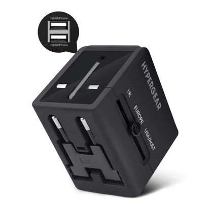 HYPERGEAR travel adapter—multi-region plugs with dual USB ports for phones and tablets.