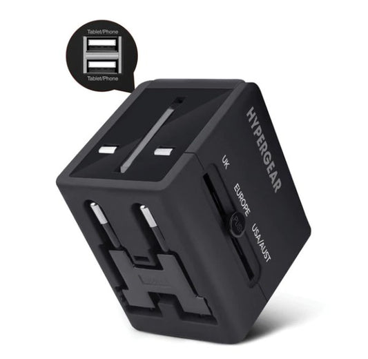 HYPERGEAR travel adapter—multi-region plugs with dual USB ports for phones and tablets.