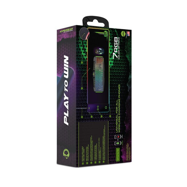 A flexible HYPERGEAR gaming mouse pad with RGB lighting and built-in wireless charging, featuring plug-and-play setup.