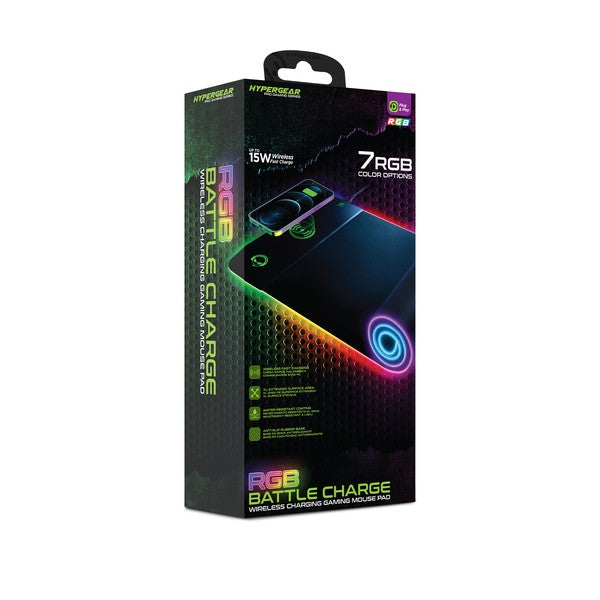A flexible HYPERGEAR gaming mouse pad with RGB lighting and built-in wireless charging, featuring plug-and-play setup.