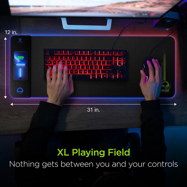 A flexible HYPERGEAR gaming mouse pad with RGB lighting and built-in wireless charging, featuring plug-and-play setup.