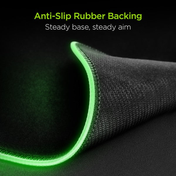 A flexible HYPERGEAR gaming mouse pad with RGB lighting and built-in wireless charging, featuring plug-and-play setup.