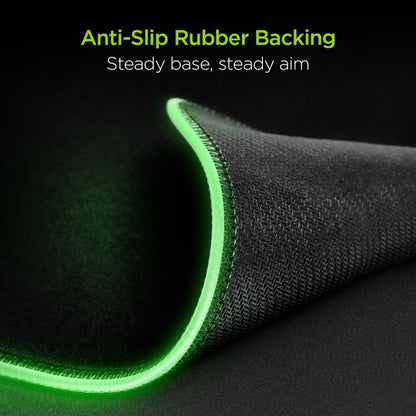 A flexible HYPERGEAR gaming mouse pad with RGB lighting and built-in wireless charging, featuring plug-and-play setup.