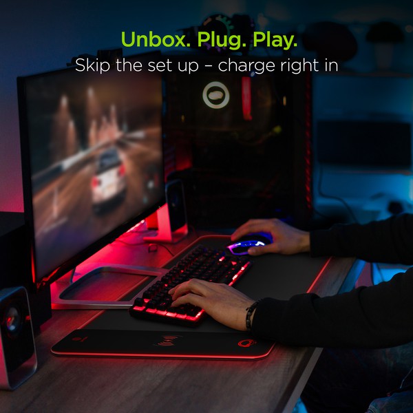 A flexible HYPERGEAR gaming mouse pad with RGB lighting and built-in wireless charging, featuring plug-and-play setup.