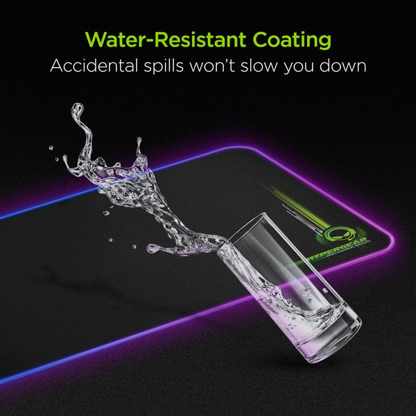 A flexible HYPERGEAR gaming mouse pad with RGB lighting and built-in wireless charging, featuring plug-and-play setup.