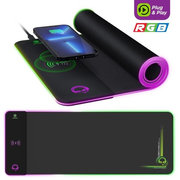 A flexible HYPERGEAR gaming mouse pad with RGB lighting and built-in wireless charging, featuring plug-and-play setup.