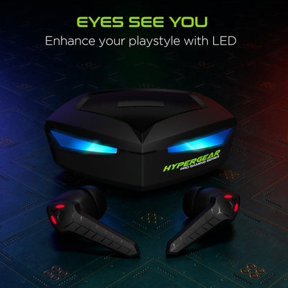 HyperGear Pro Gaming Series earbuds in glowing blue case with red LED accents—promote enhanced playstyle through striking LED design and futuristic aesthetics.