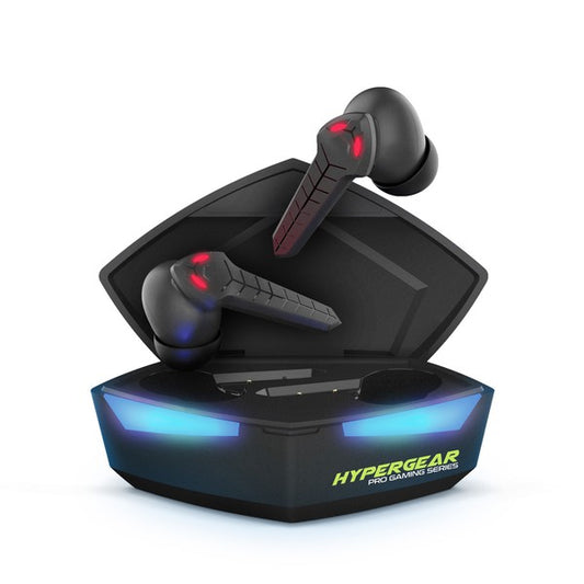 Wireless gaming earbuds in a polygonal charging case—feature red and blue LED lights and are branded "HYPERGEAR PRO GAMING SERIES," emphasizing immersive, high-tech audio for gamers.