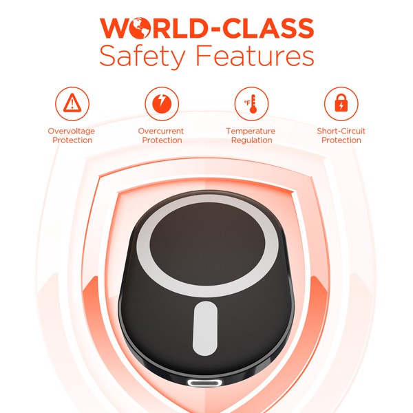 A sleek MagSafe-compatible car charger with a glowing blue ring, mounted on an air vent, wirelessly charging a smartphone via USB-C input.
