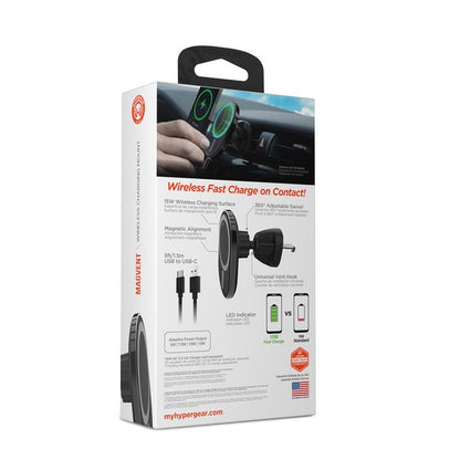 A sleek MagSafe-compatible car charger with a glowing blue ring, mounted on an air vent, wirelessly charging a smartphone via USB-C input.