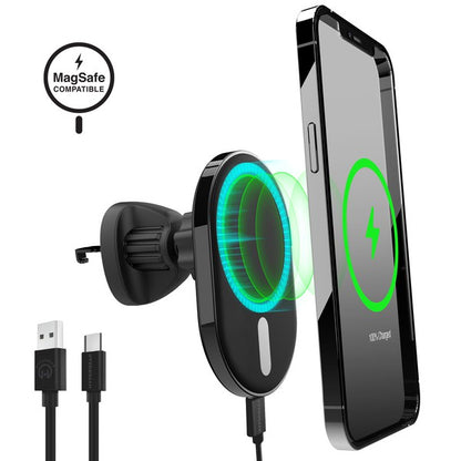 A sleek MagSafe-compatible car charger with a glowing blue ring, mounted on an air vent, wirelessly charging a smartphone via USB-C input.