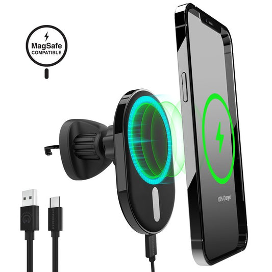 A sleek MagSafe-compatible car charger with a glowing blue ring, mounted on an air vent, wirelessly charging a smartphone via USB-C input.