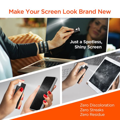 A black ScreenWhiz spray bottle labeled “Pro-Tech Screen Cleaning Kit,” designed for cleaning electronic screens.